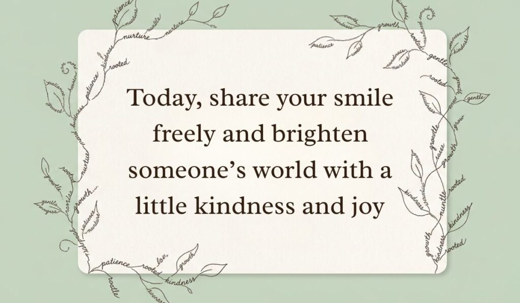 Light green aesthetic background framed by botanical vine word-art illustrations displaying world smile day messages reading, "Today, share your smile freely and brighten someone's world with a little kindness and joy."