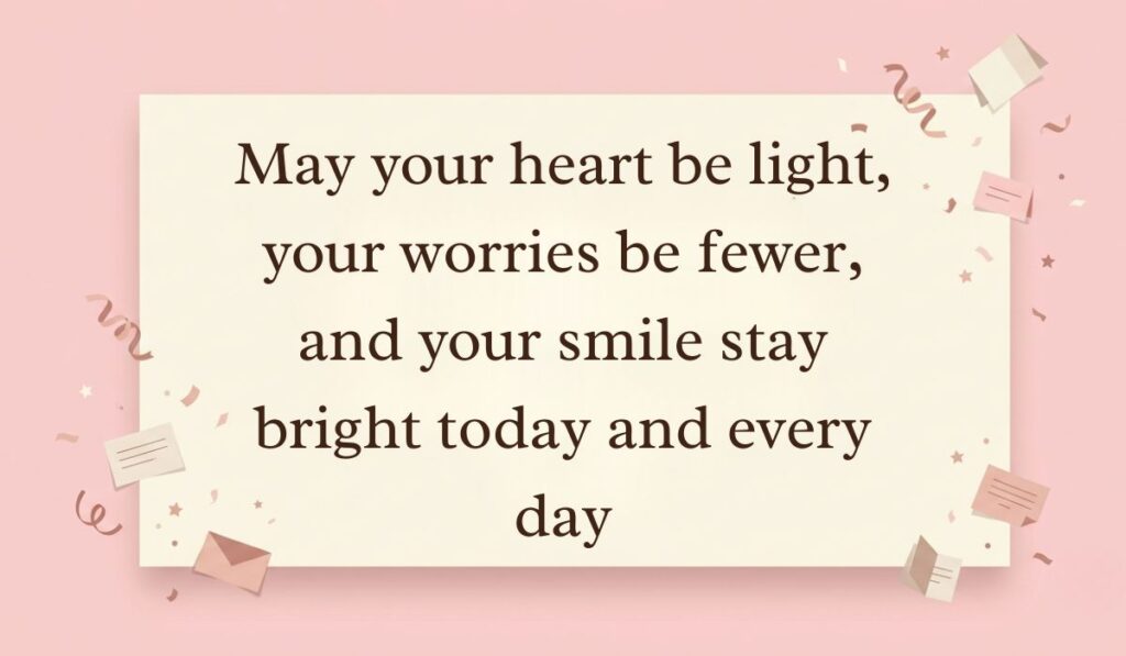 Pastel pink background with floating confetti, ribbons, and mini paper envelopes featuring world smile day messages reading, "May your heart be light, your worries be fewer, and your smile stay bright today and every day."