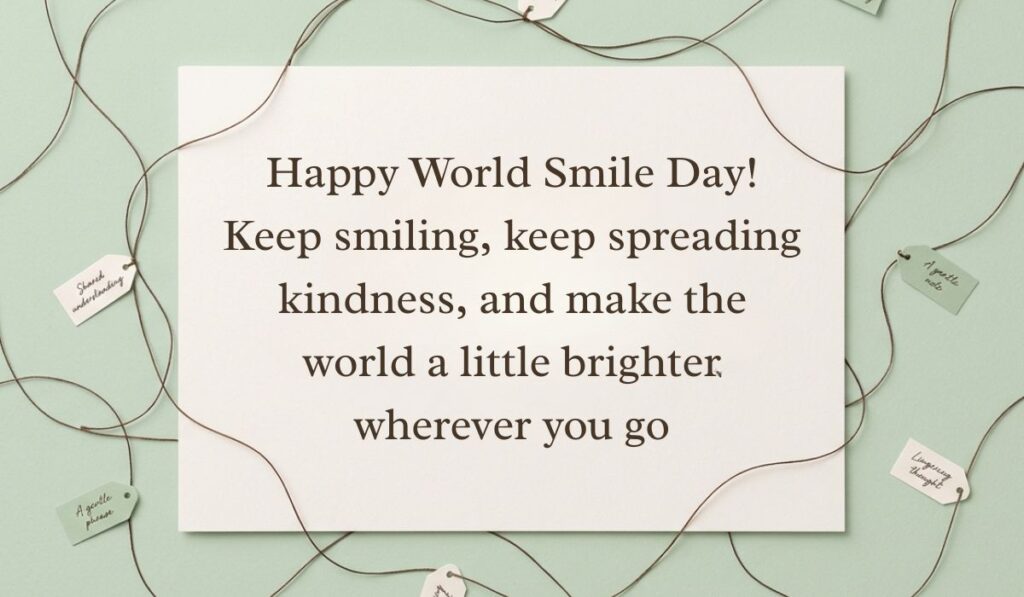 Sage green surface bordered by crisscrossing twine and miniature message tags displaying world smile day messages stating, "Happy World Smile Day! Keep smiling, keep spreading kindness, and make the world a little brighter wherever you go."