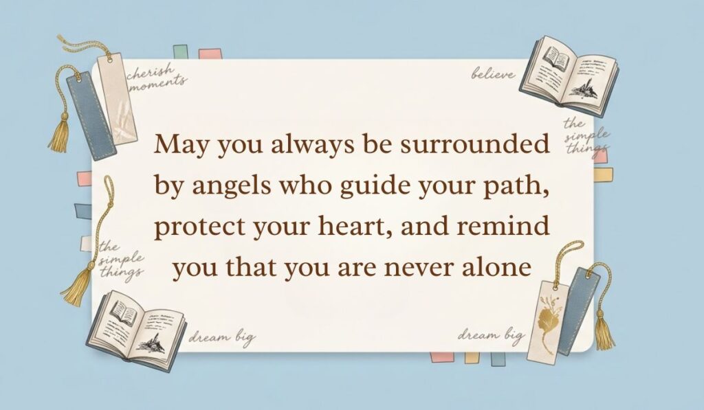 Light blue background accented with open books, tasseled bookmarks, and sticky notes displaying angel quotes stating, "May you always be surrounded by angels who guide your path, protect your heart, and remind you that you are never alone"