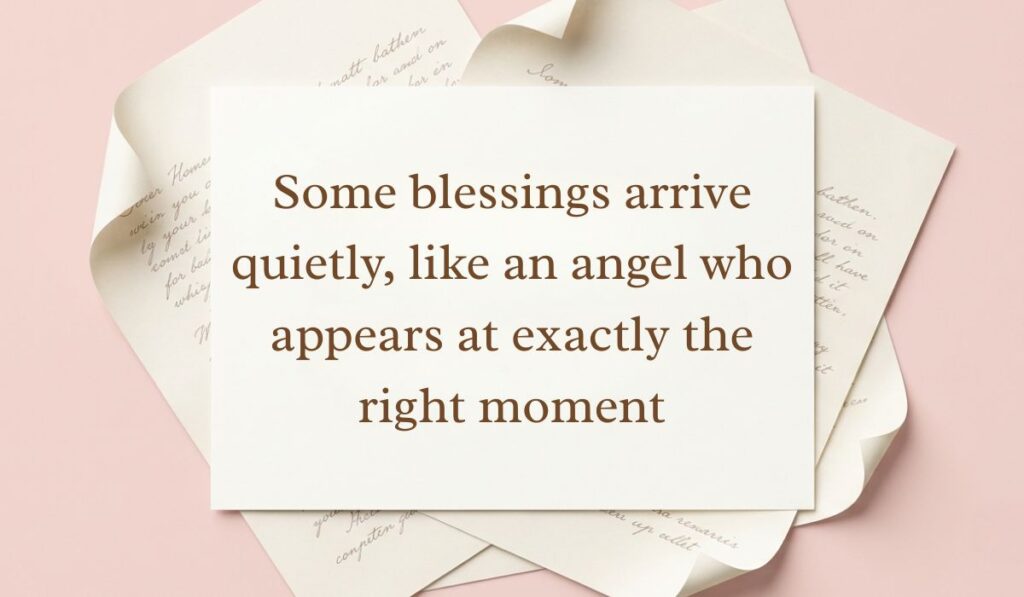 Soft pink backdrop framed with layered vintage paper presenting angel quotes reading, "Some blessings arrive quietly, like an angel who appears at exactly the right moment"