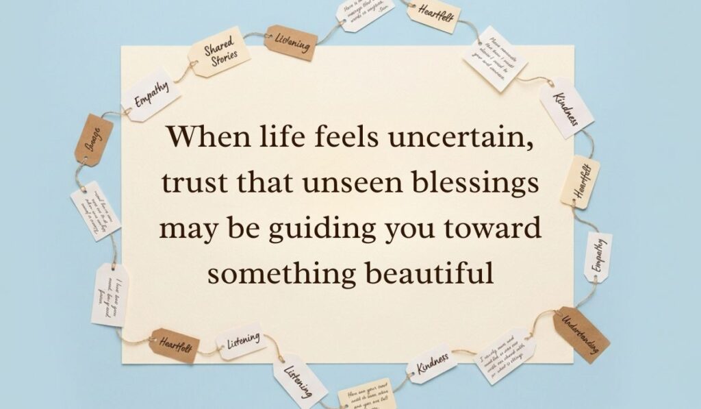 Soft blue background decorated with a ring of string-bound message tags showcasing angel quotes reading, "When life feels uncertain, trust that unseen blessings may be guiding you toward something beautiful"