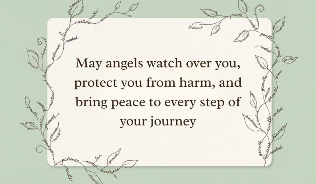 Sage green card framed by delicate botanical vine line art formed from handwritten script displaying angel quotes stating, "May angels watch over you, protect you from harm, and bring peace to every step of your journey"