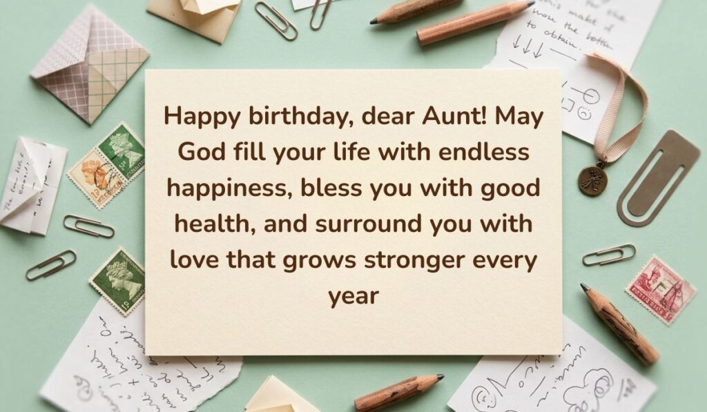 Sage green vintage desk layout with paperclips, postage stamps, envelopes, and pencils displaying Birthday Blessings for Aunt reading, "Happy birthday, dear Aunt! May God fill your life with endless happiness, bless you with good health, and surround you with love that grows stronger every year"