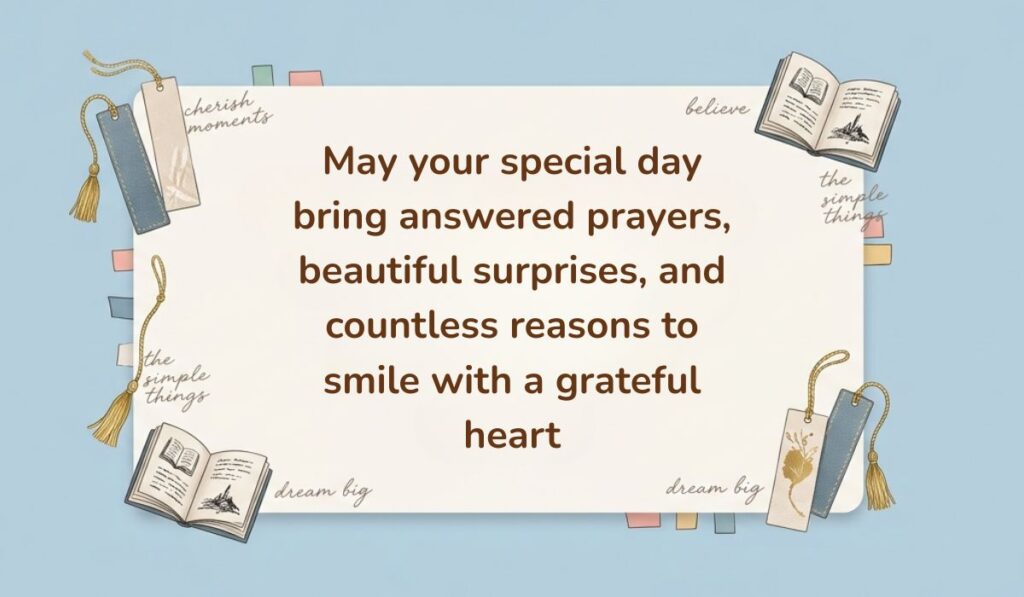Light blue background decorated with open books, tasseled bookmarks, and sticky notes presenting Birthday Blessings for Aunt stating, "May your special day bring answered prayers, beautiful surprises, and countless reasons to smile with a grateful heart"