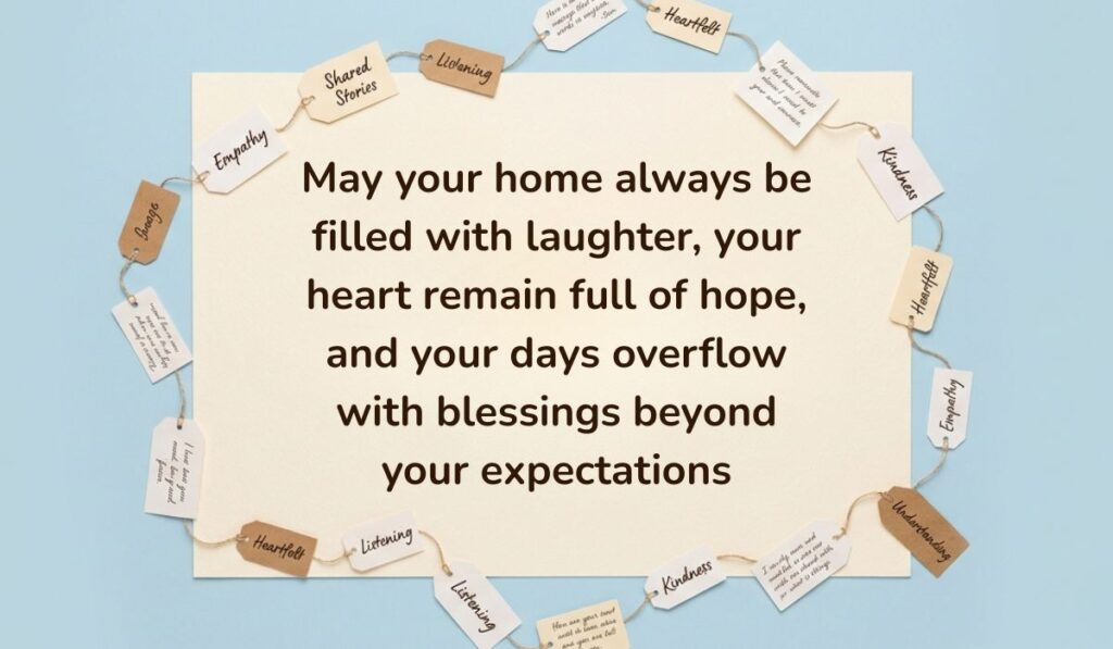 Soft blue background surrounded by a ring of string-bound message tags displaying Birthday Blessings for Aunt reading, "May your home always be filled with laughter, your heart remain full of hope, and your days overflow with blessings beyond your expectations"