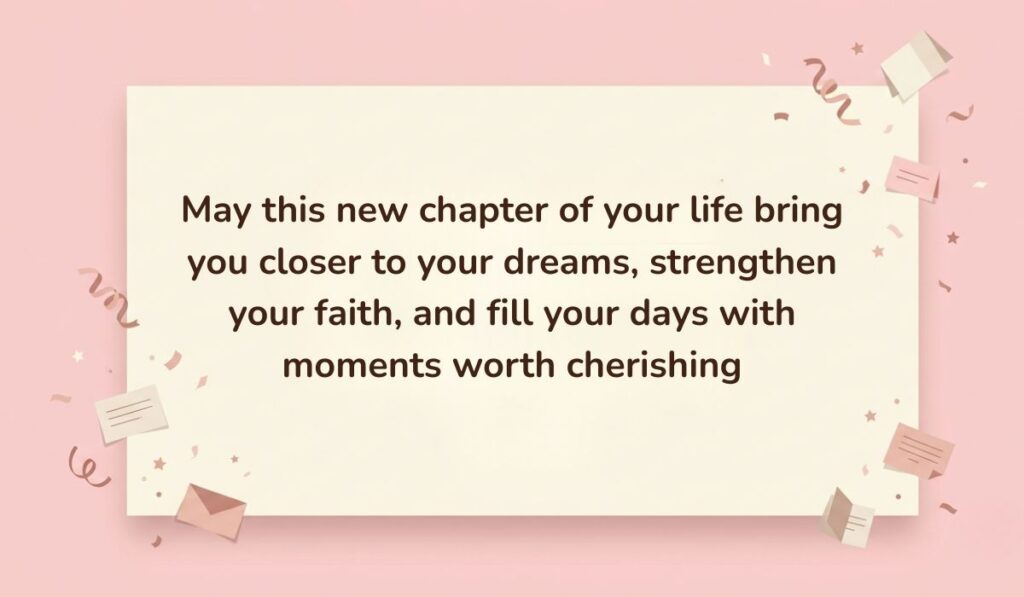 Soft pink background decorated with festive paper confetti, mini envelopes, and stars showcasing Birthday Blessings for Aunt reading, "May this new chapter of your life bring you closer to your dreams, strengthen your faith, and fill your days with moments worth cherishing"