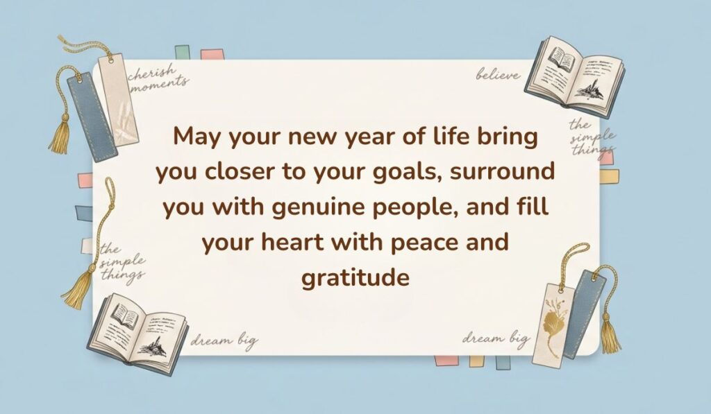 Light blue background decorated with open books, tasseled bookmarks, and sticky notes presenting Birthday Blessings for Brother stating, "May your new year of life bring you closer to your goals, surround you with genuine people, and fill your heart with peace and gratitude"