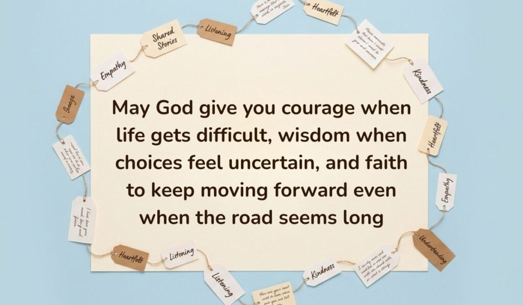 Soft blue background surrounded by a ring of string-bound message tags displaying Birthday Blessings for Brother reading, "May God give you courage when life gets difficult, wisdom when choices feel uncertain, and faith to keep moving forward even when the road seems long"
