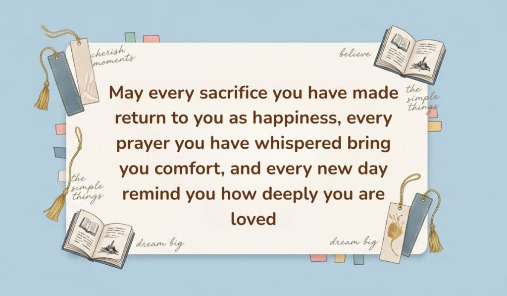 Light blue background decorated with open books, tasseled bookmarks, and sticky notes presenting Birthday Blessings for Father stating, "May every sacrifice you have made return to you as happiness, every prayer you have whispered bring you comfort, and every new day remind you how deeply you are loved"