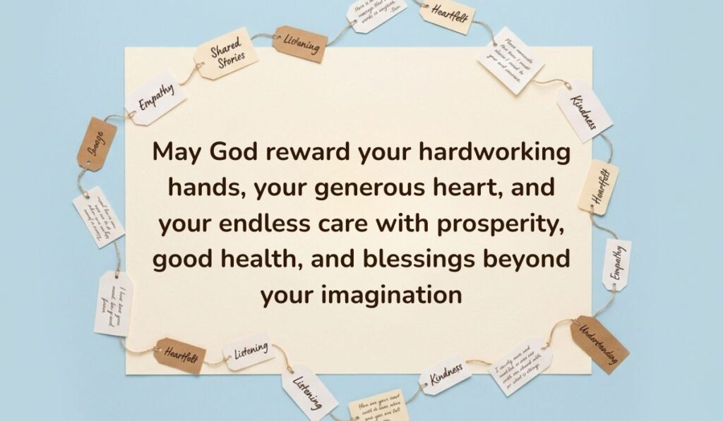 Soft blue background surrounded by a ring of string-bound message tags displaying Birthday Blessings for Father reading, "May God reward your hardworking hands, your generous heart, and your endless care with prosperity, good health, and blessings beyond your imagination"