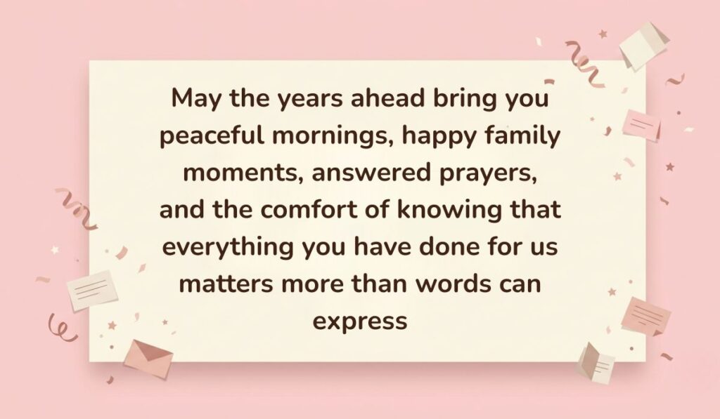 Soft pink background decorated with festive paper confetti, mini envelopes, and stars showcasing Birthday Blessings for Father reading, "May the years ahead bring you peaceful mornings, happy family moments, answered prayers, and the comfort of knowing that everything you have done for us matters more than words can express"