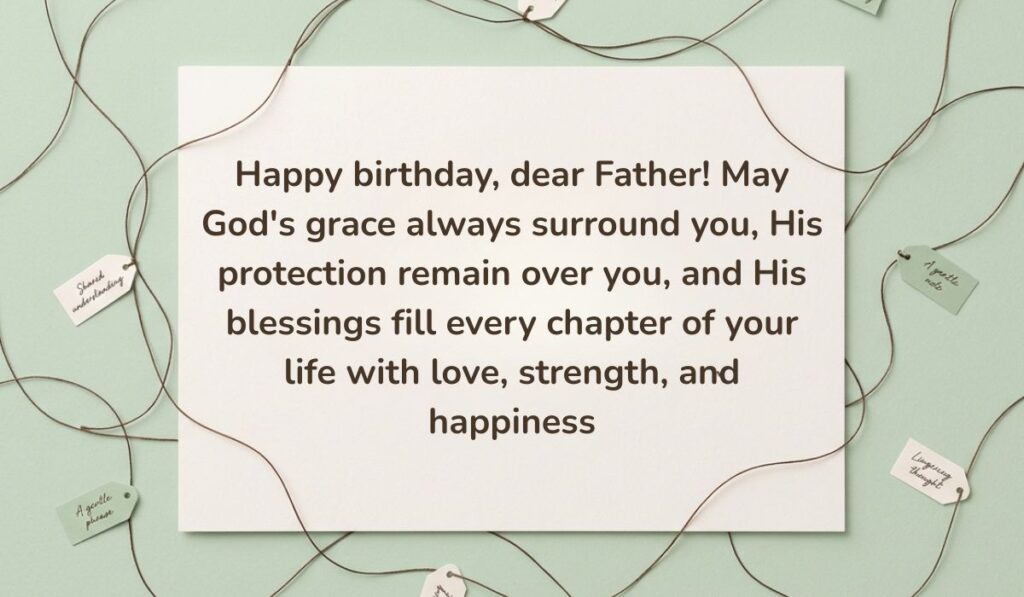 Light green surface framed by interconnected twine strings and small message tags featuring Birthday Blessings for Father stating, "Happy birthday, dear Father! May God's grace always surround you, His protection remain over you, and His blessings fill every chapter of your life with love, strength, and happiness"