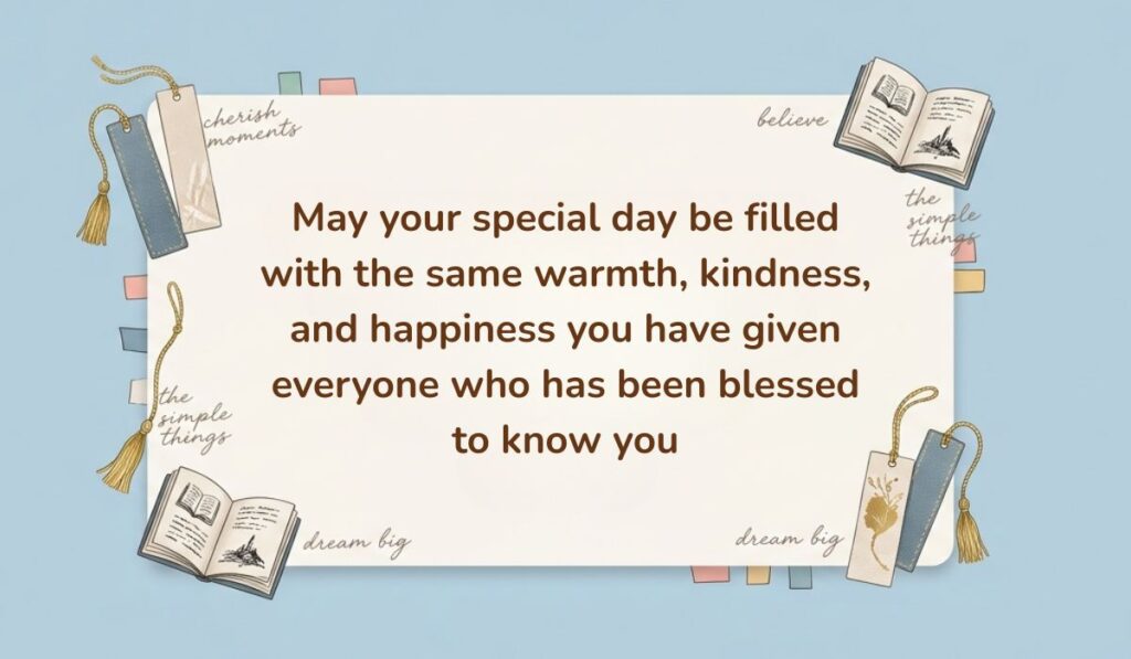 Light blue background decorated with open books, tasseled bookmarks, and sticky notes presenting Birthday Blessings for Grandmother stating, "May your special day be filled with the same warmth, kindness, and happiness you have given everyone who has been blessed to know you"