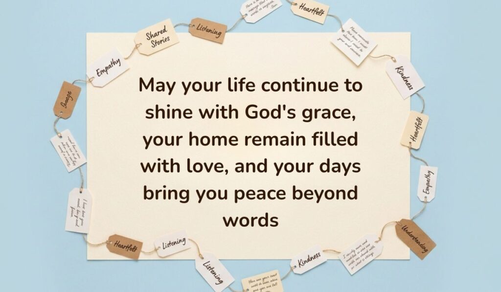 Soft blue background surrounded by a ring of string-bound message tags displaying Birthday Blessings for Grandmother reading, "May your life continue to shine with God's grace, your home remain filled with love, and your days bring you peace beyond words"