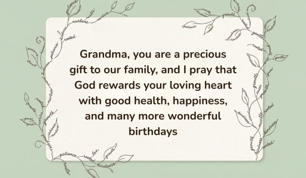 Sage green card framed by delicate botanical vine line art formed from handwritten script presenting Birthday Blessings for Grandmother stating, "Grandma, you are a precious gift to our family, and I pray that God rewards your loving heart with good health, happiness, and many more wonderful birthdays"