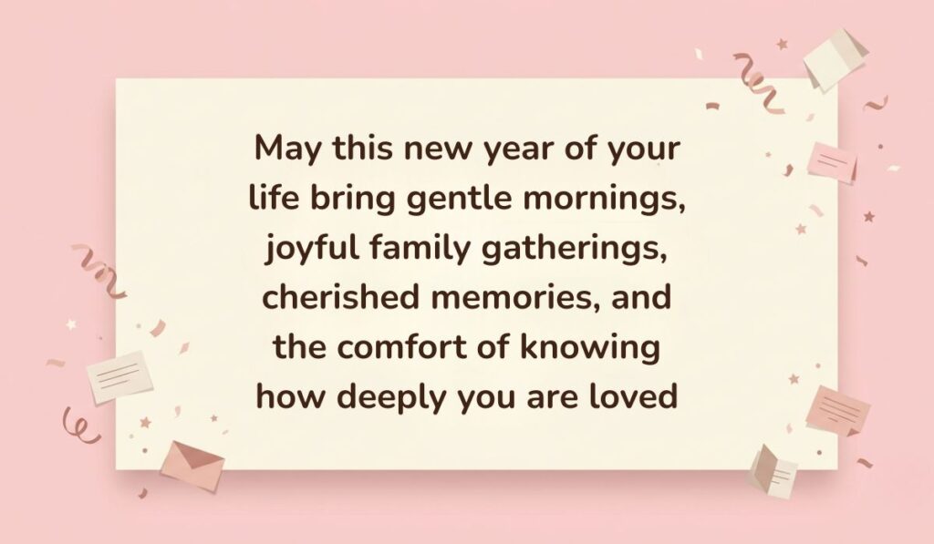 Soft pink background decorated with festive paper confetti, mini envelopes, and stars showcasing Birthday Blessings for Grandmother reading, "May this new year of your life bring gentle mornings, joyful family gatherings, cherished memories, and the comfort of knowing how deeply you are loved"