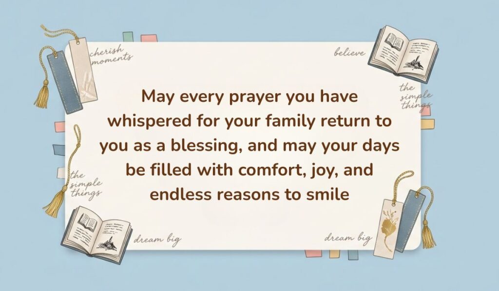 Light blue background decorated with open books, tasseled bookmarks, and sticky notes presenting Birthday Blessings for Mother stating, "May every prayer you have whispered for your family return to you as a blessing, and may your days be filled with comfort, joy, and endless reasons to smile"