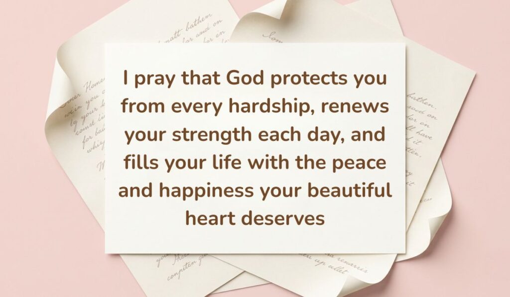 Soft pink backdrop framed with layered vintage handwritten paper showcasing Birthday Blessings for Mother reading, "I pray that God protects you from every hardship, renews your strength each day, and fills your life with the peace and happiness your beautiful heart deserves"