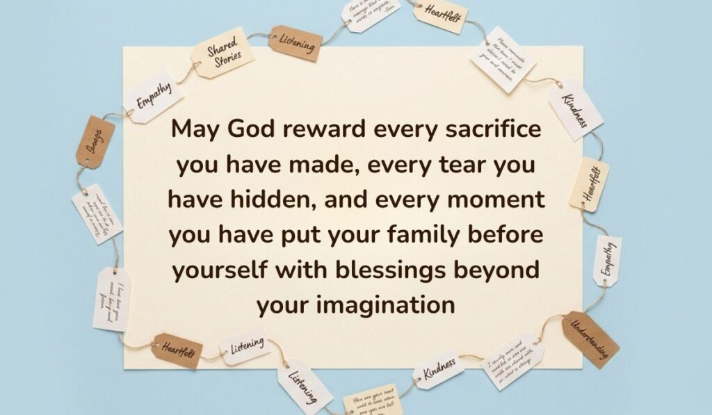 Soft blue background surrounded by a ring of string-bound message tags displaying Birthday Blessings for Mother reading, "May God reward every sacrifice you have made, every tear you have hidden, and every moment you have put your family before yourself with blessings beyond your imagination"