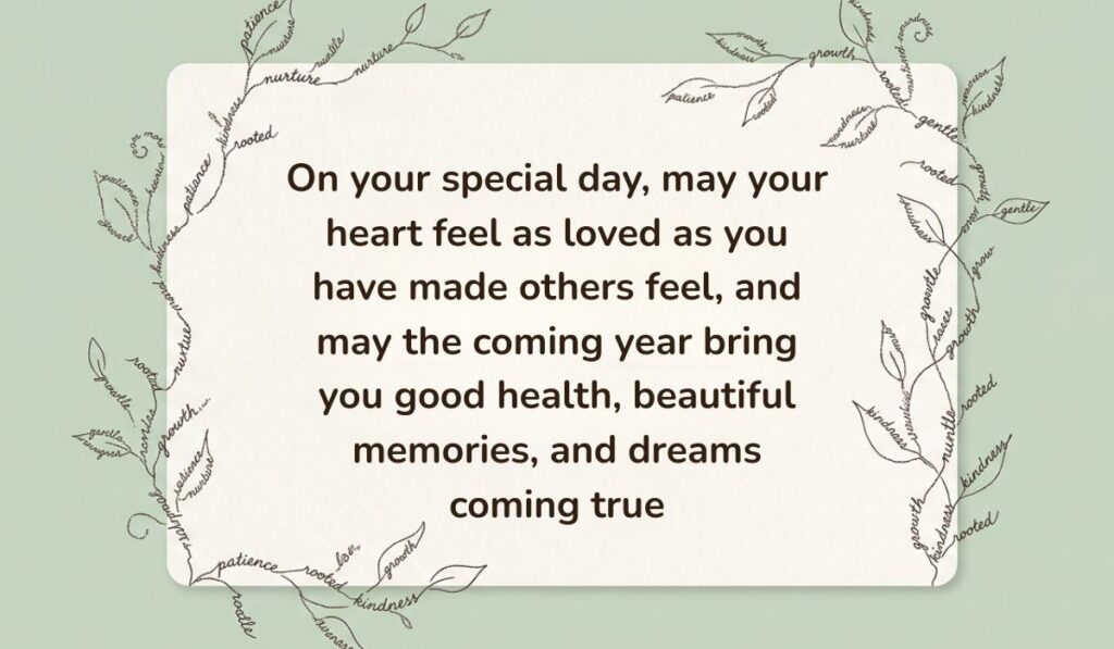 Sage green card framed by delicate botanical vine line art formed from handwritten script presenting Birthday Blessings for Mother stating, "On your special day, may your heart feel as loved as you have made others feel, and may the coming year bring you good health, beautiful memories, and dreams coming true"