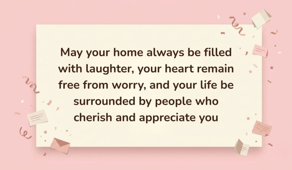 Soft pink background decorated with festive paper confetti, mini envelopes, and stars showcasing Birthday Blessings for Mother reading, "May your home always be filled with laughter, your heart remain free from worry, and your life be surrounded by people who cherish and appreciate you"