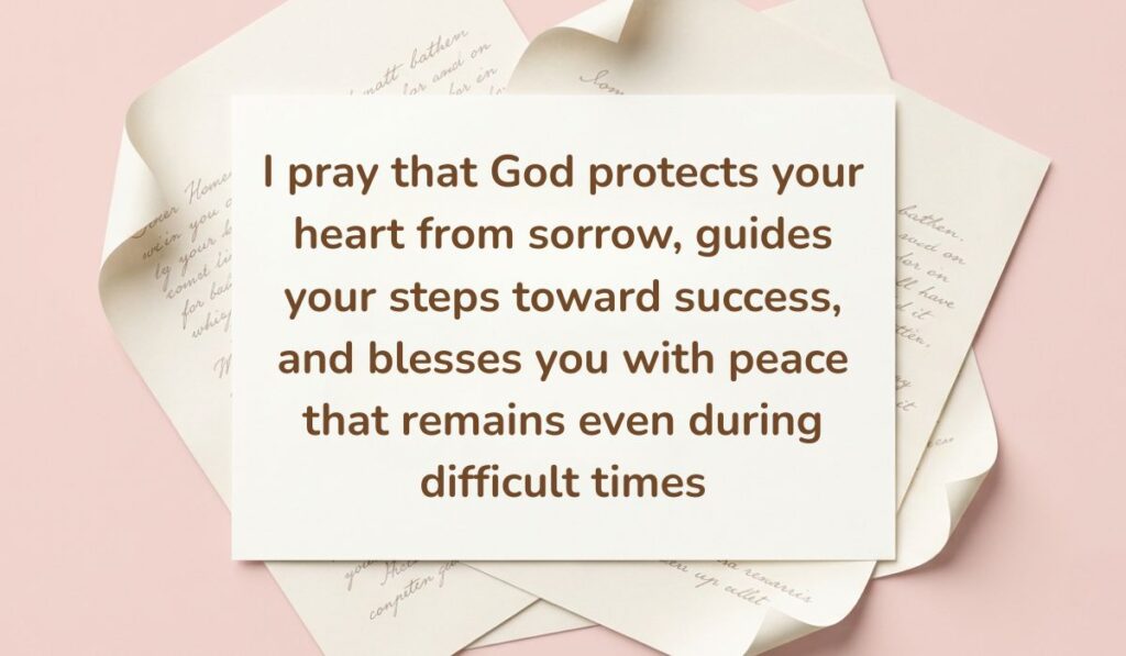 Heartfelt birthday prayer for sister asking God to protect her heart and give her lasting peace, on a pink background with folded letters
