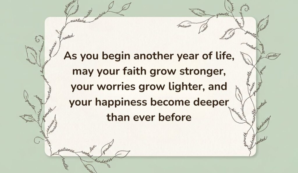 Religious birthday message for sister wishing stronger faith, lighter worries, and deeper happiness, with leafy vine illustrations on a green background