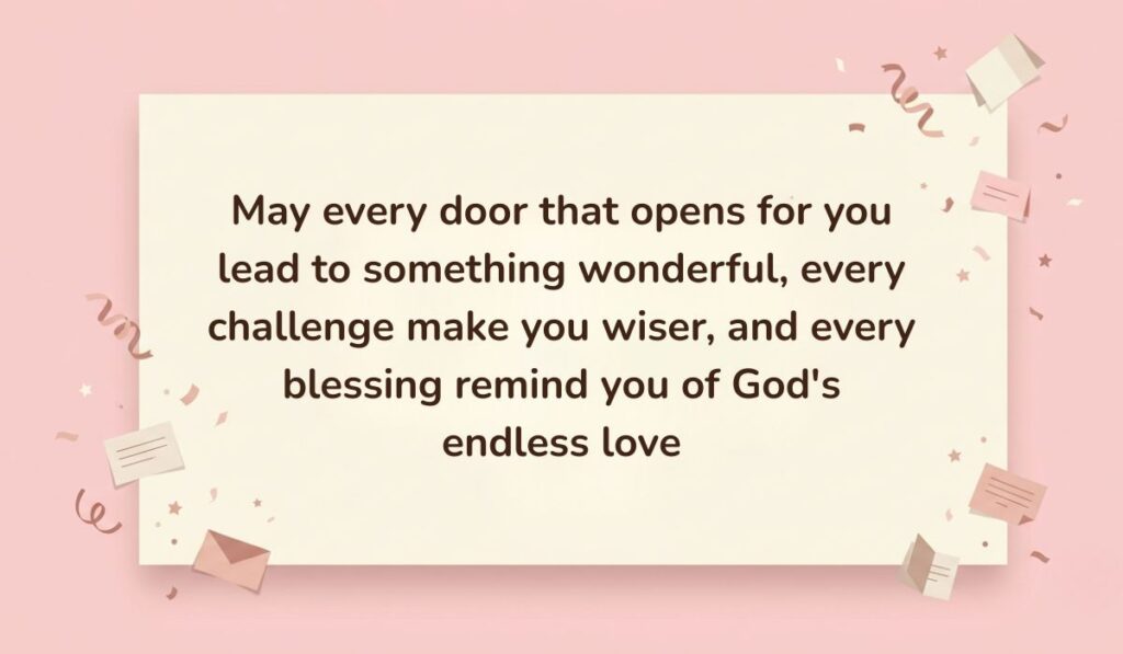 Short birthday blessing for your sister about open doors and God’s endless love, with confetti and envelopes on a pink background