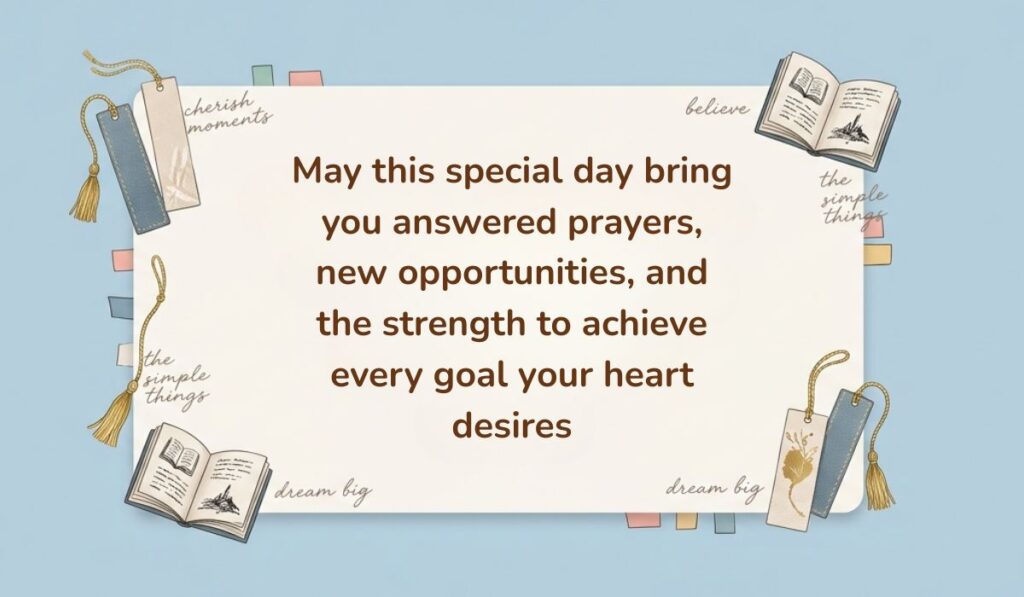 Light blue background decorated with open books, tasseled bookmarks, and sticky notes presenting Birthday Blessings for Uncle stating, "May this special day bring you answered prayers, new opportunities, and the strength to achieve every goal your heart desires"