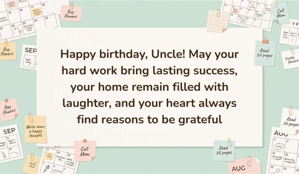 Neutral workspace setting surrounded by calendar pages, paperclips, and sticky note reminders featuring Birthday Blessings for Uncle stating, "Happy birthday, Uncle! May your hard work bring lasting success, your home remain filled with laughter, and your heart always find reasons to be grateful"