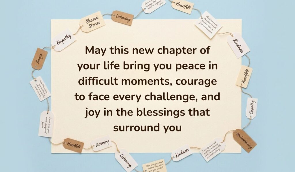 Soft blue background surrounded by a ring of string-bound message tags displaying Birthday Blessings for Uncle reading, "May this new chapter of your life bring you peace in difficult moments, courage to face every challenge, and joy in the blessings that surround you"