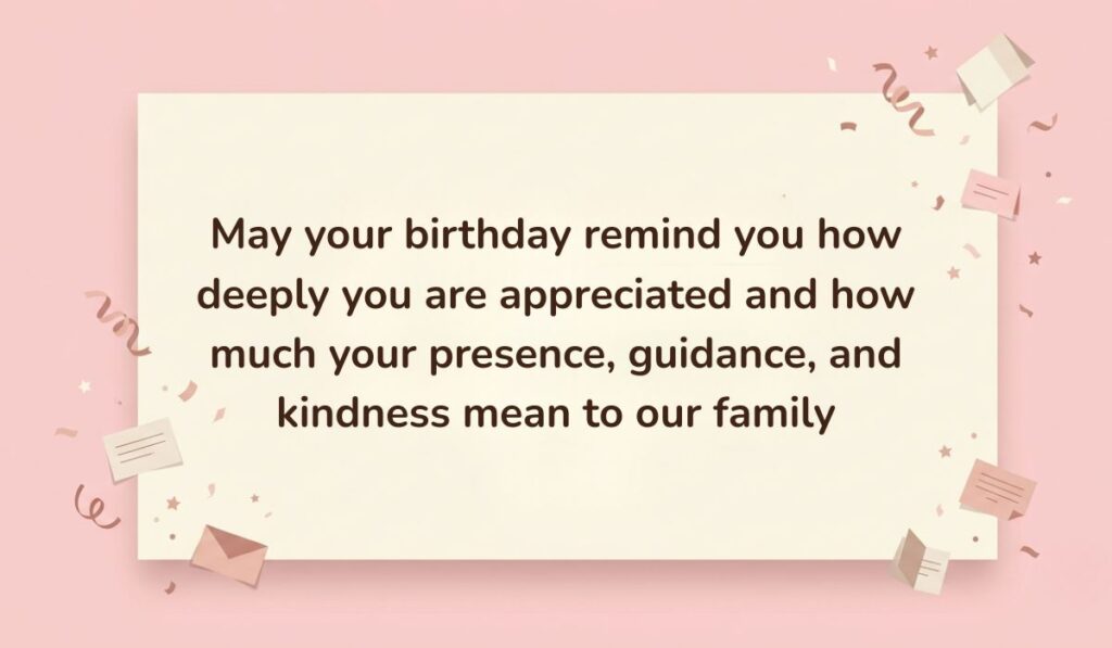 Soft pink background decorated with festive paper confetti, mini envelopes, and stars showcasing Birthday Blessings for Uncle reading, "May your birthday remind you how deeply you are appreciated and how much your presence, guidance, and kindness mean to our family"
