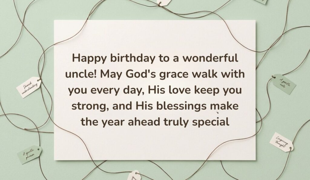 Light green surface framed by interconnected twine strings and small message tags featuring Birthday Blessings for Uncle stating, "Happy birthday to a wonderful uncle! May God's grace walk with you every day, His love keep you strong, and His blessings make the year ahead truly special"