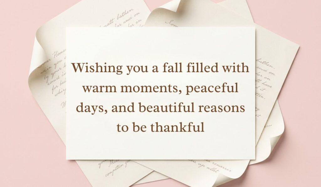 Soft pink backdrop framed with layered vintage paper showcasing fall blessings quotes reading, "Wishing you a fall filled with warm moments, peaceful days, and beautiful reasons to be thankful"