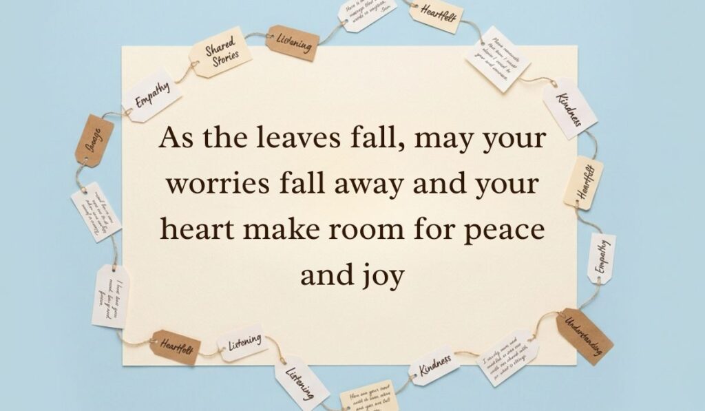 Soft blue background surrounded by a ring of string-bound message tags displaying fall blessings quotes reading, "As the leaves fall, may your worries fall away and your heart make room for peace and joy"