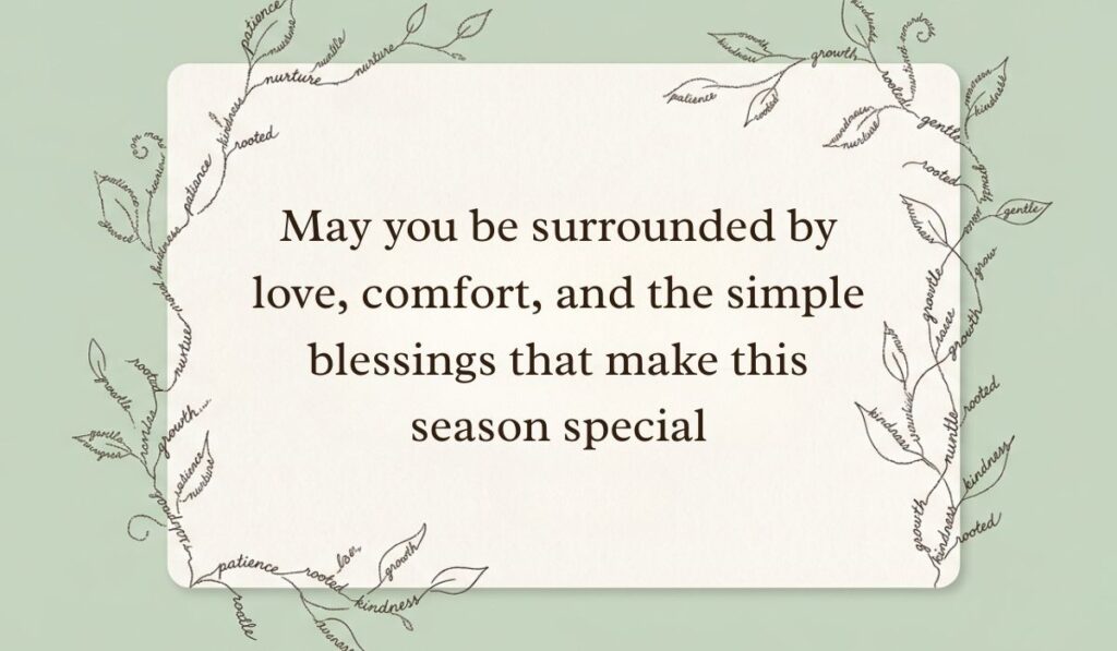 Sage green card framed by delicate botanical vine line art formed from handwritten script presenting fall blessings quotes stating, "May you be surrounded by love, comfort, and the simple blessings that make this season special"