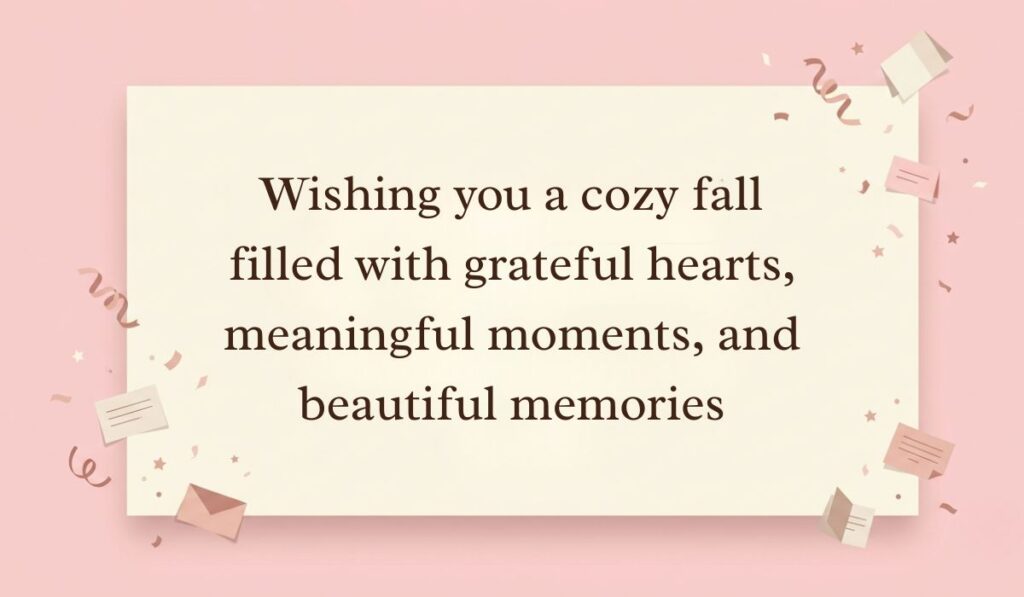 Soft pink background decorated with festive paper confetti, mini envelopes, and stars showcasing fall blessings quotes reading, "Wishing you a cozy fall filled with grateful hearts, meaningful moments, and beautiful memories"