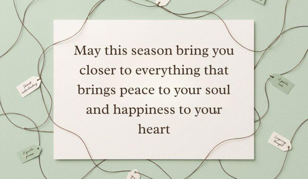 Light green surface framed by interconnected twine strings and small message tags featuring fall blessings quotes stating, "May this season bring you closer to everything that brings peace to your soul and happiness to your heart"
