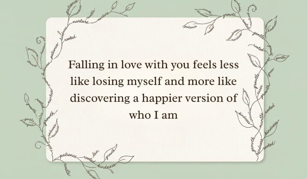 Sage green card framed by delicate botanical vine line art formed from handwritten script displaying falling in love quotes stating, "Falling in love with you feels less like losing myself and more like discovering a happier version of who I am"