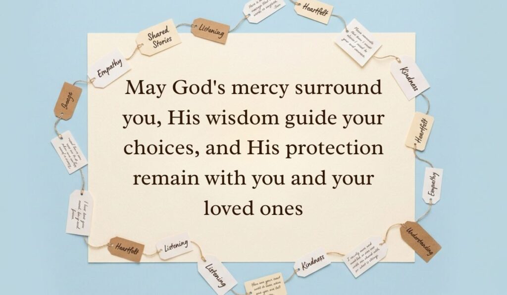Soft blue background surrounded by a ring of string-bound message tags displaying friday blessings reading, "May God's mercy surround you, His wisdom guide your choices, and His protection remain with you and your loved ones"