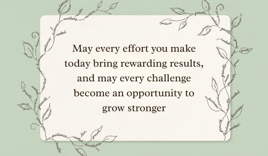 Sage green card framed by delicate botanical vine line art formed from handwritten script presenting friday blessings stating, "May every effort you make today bring rewarding results, and may every challenge become an opportunity to grow stronger"
