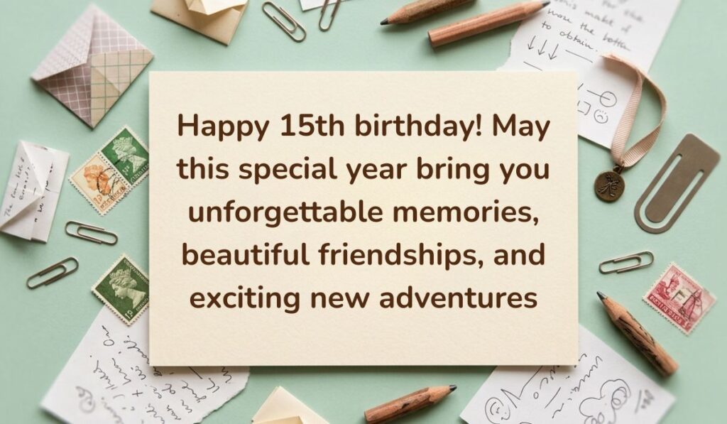 Sage green vintage desk layout with paperclips, postage stamps, envelopes, and pencils displaying happy 15th birthday quotes reading, "Happy 15th birthday! May this special year bring you unforgettable memories, beautiful friendships, and exciting new adventures"