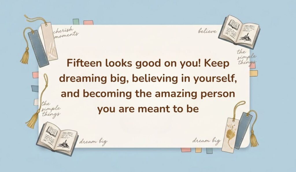 Light blue background decorated with open books, tasseled bookmarks, and sticky notes presenting happy 15th birthday quotes stating, "Fifteen looks good on you! Keep dreaming big, believing in yourself, and becoming the amazing person you are meant to be"