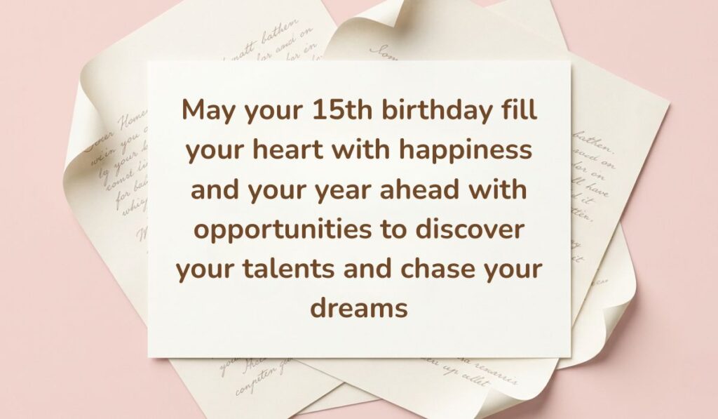 Soft pink backdrop framed with layered vintage handwritten paper showcasing happy 15th birthday quotes reading, "May your 15th birthday fill your heart with happiness and your year ahead with opportunities to discover your talents and chase your dreams"