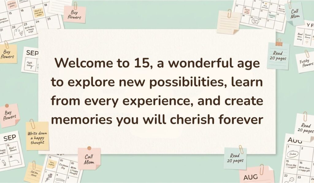 Neutral workspace setting surrounded by calendar pages, paperclips, and sticky note reminders featuring happy 15th birthday quotes stating, "Welcome to 15, a wonderful age to explore new possibilities, learn from every experience, and create memories you will cherish forever"