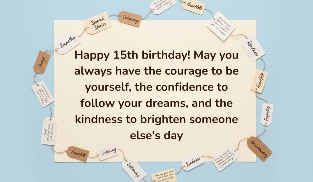 Soft blue background surrounded by a ring of string-bound message tags displaying happy 15th birthday quotes reading, "Happy 15th birthday! May you always have the courage to be yourself, the confidence to follow your dreams, and the kindness to brighten someone else's day"