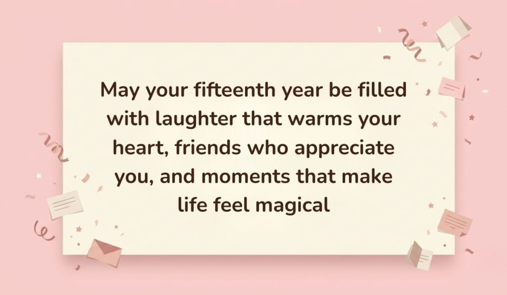 Soft pink background decorated with festive paper confetti, mini envelopes, and stars showcasing happy 15th birthday quotes reading, "May your fifteenth year be filled with laughter that warms your heart, friends who appreciate you, and moments that make life feel magical"