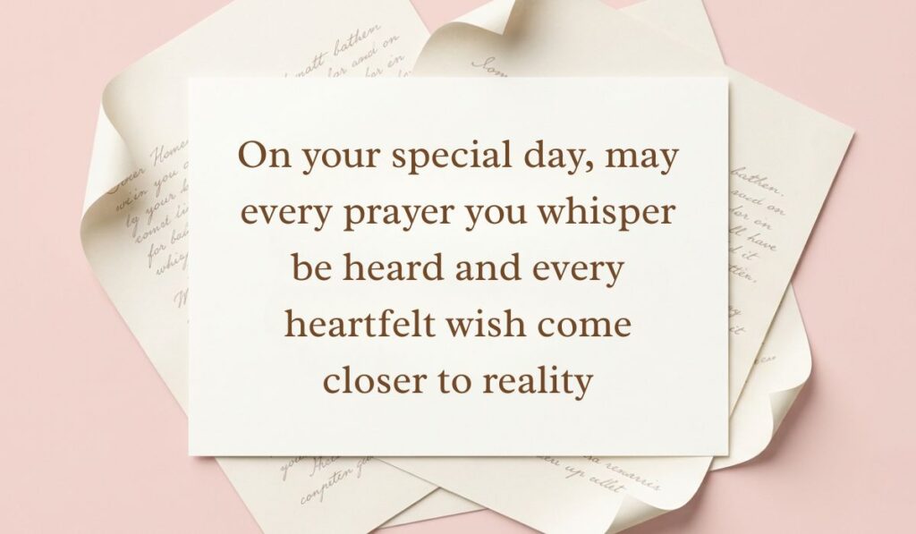 Soft pink backdrop framed with layered vintage handwritten paper showcasing happy birthday blessings reading, "On your special day, may every prayer you whisper be heard and every heartfelt wish come closer to reality"