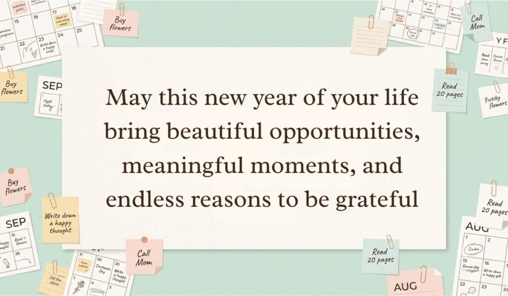 Neutral workspace setting surrounded by calendar pages, paperclips, and sticky note reminders featuring happy birthday blessings stating, "May this new year of your life bring beautiful opportunities, meaningful moments, and endless reasons to be grateful"